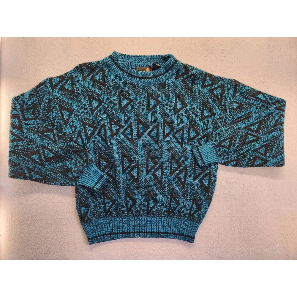 Sassoon Vintage Geometric Abstract Knit Sweater Blue Black Size Medium